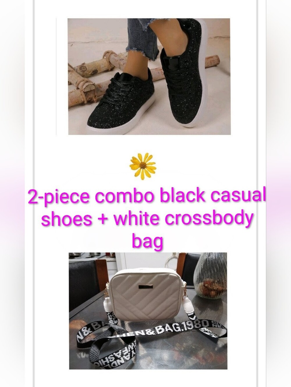 Black Glitter Casual Sneakers + White Quilted Crossbody Bag